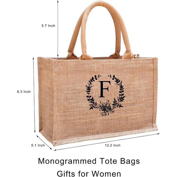 Initial Jute Tote Bags for Women, Thank You Gifts for Birthday, Wedding, Beach, - Picture 2 of 5